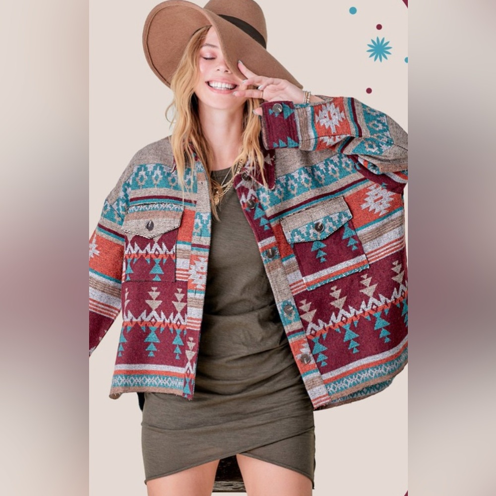 La Meil Aztec print button up jacket.